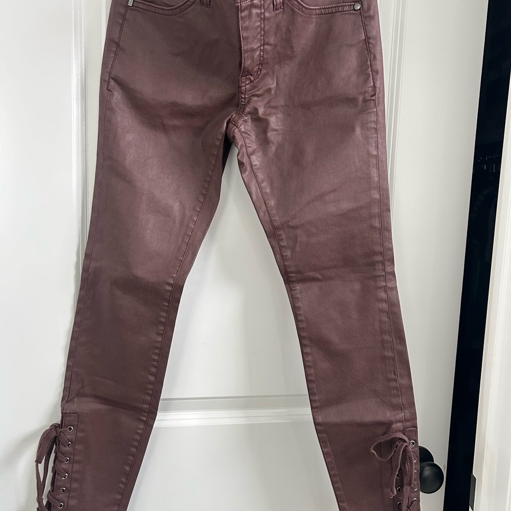 Pilcro and the Letterpress Lace-Up Skinny Jeans in Brown